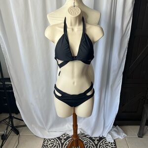 Seafolly Black Halter Bikini Swimsuit Set | Size 10 (US 6)| Cutout Design